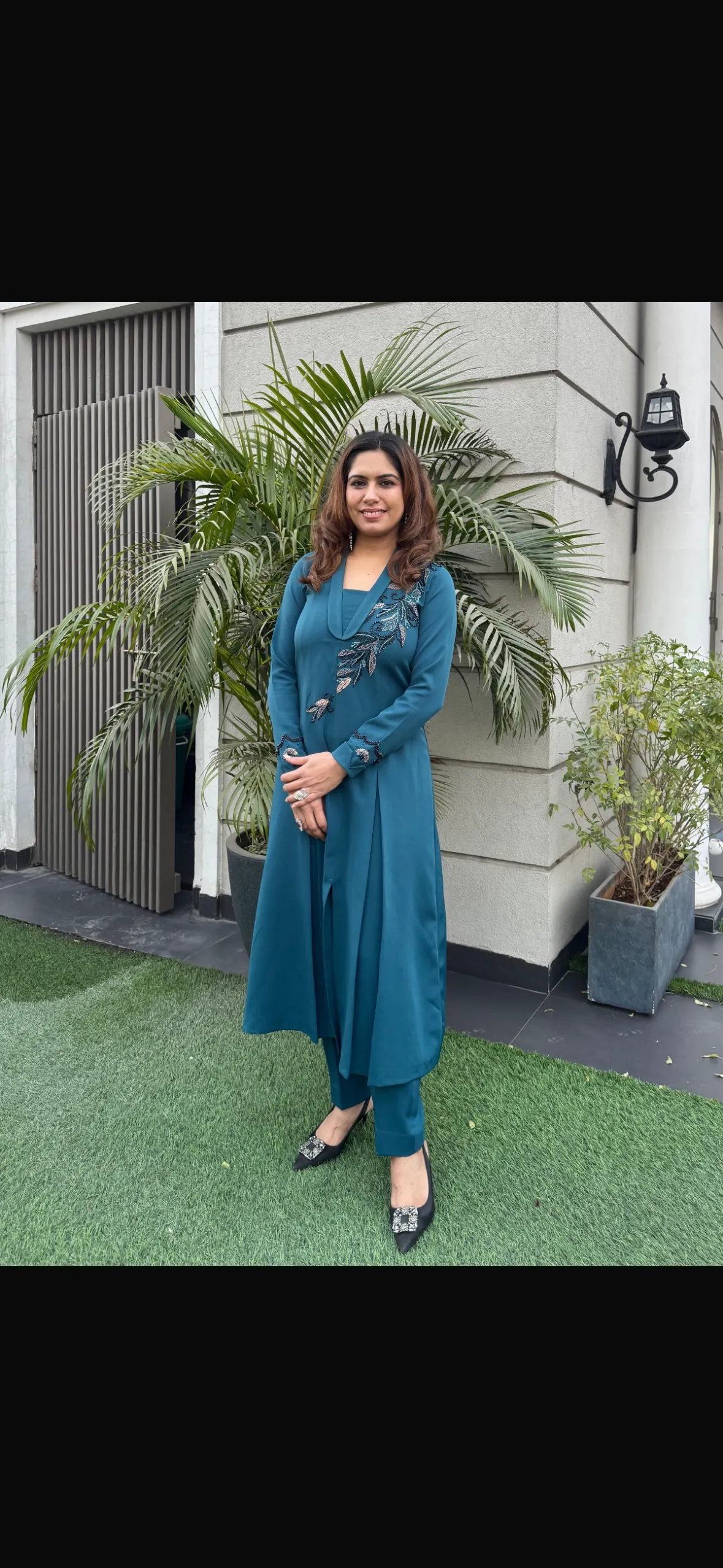 Black Crystal Kurta Set With Flared Pants